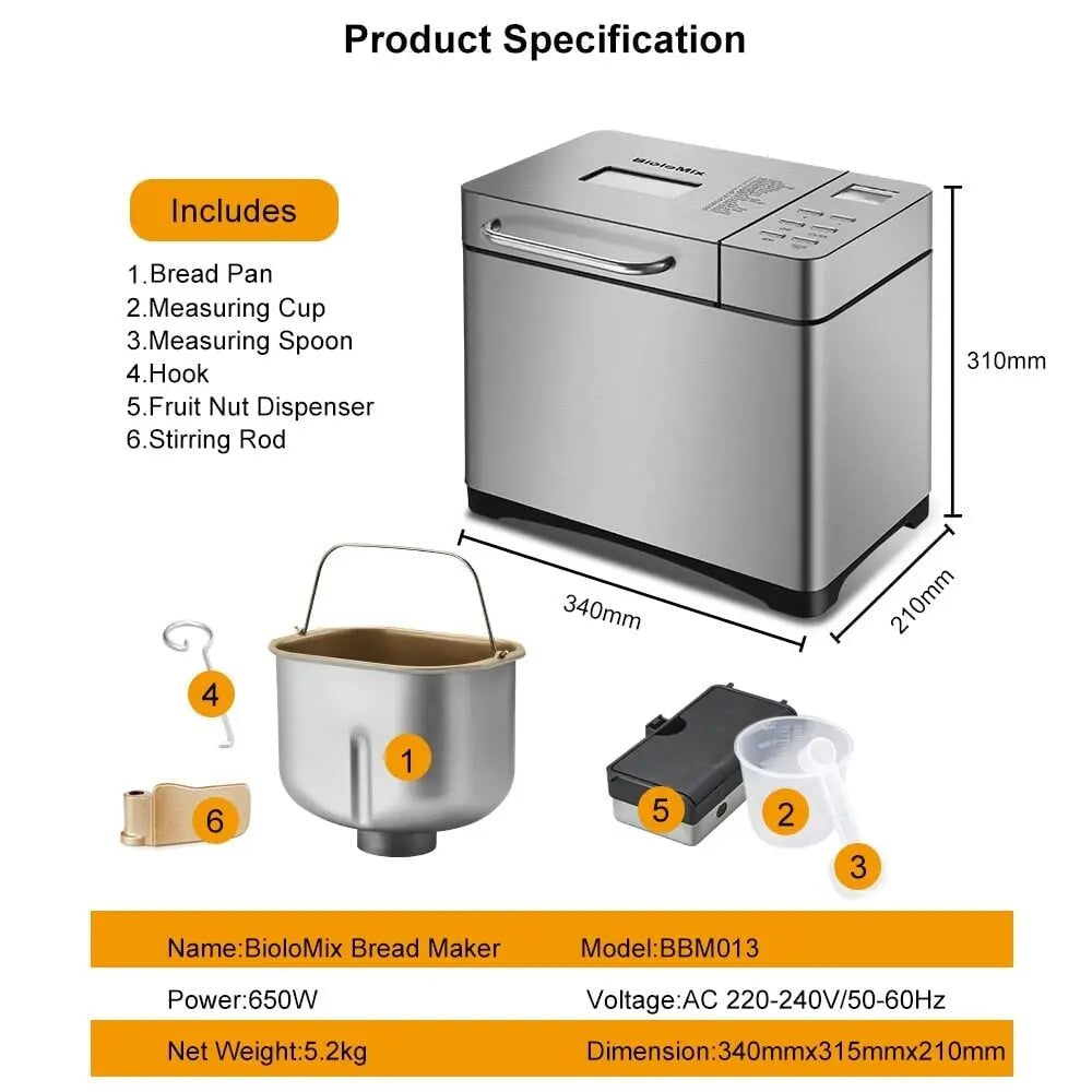 19in1 Automatischer Brotbackautomat 1kg 650W mit 3 Laib Größen