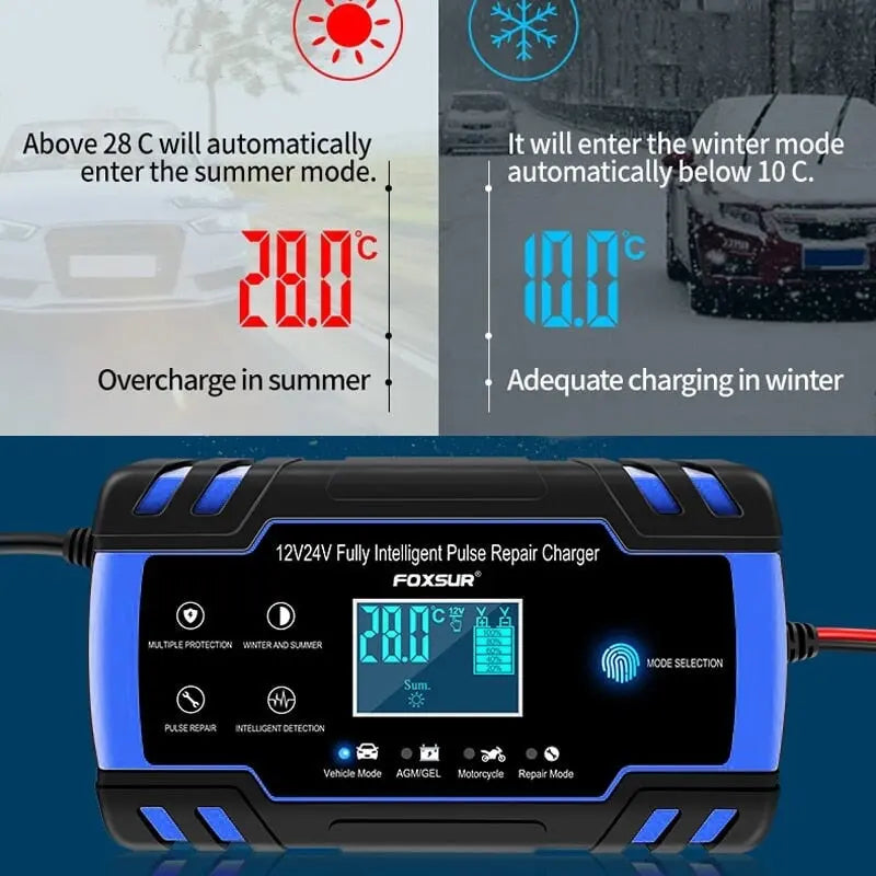 Car Battery Charger 12/24V 8A Touch Screen Pulse Repair Digital