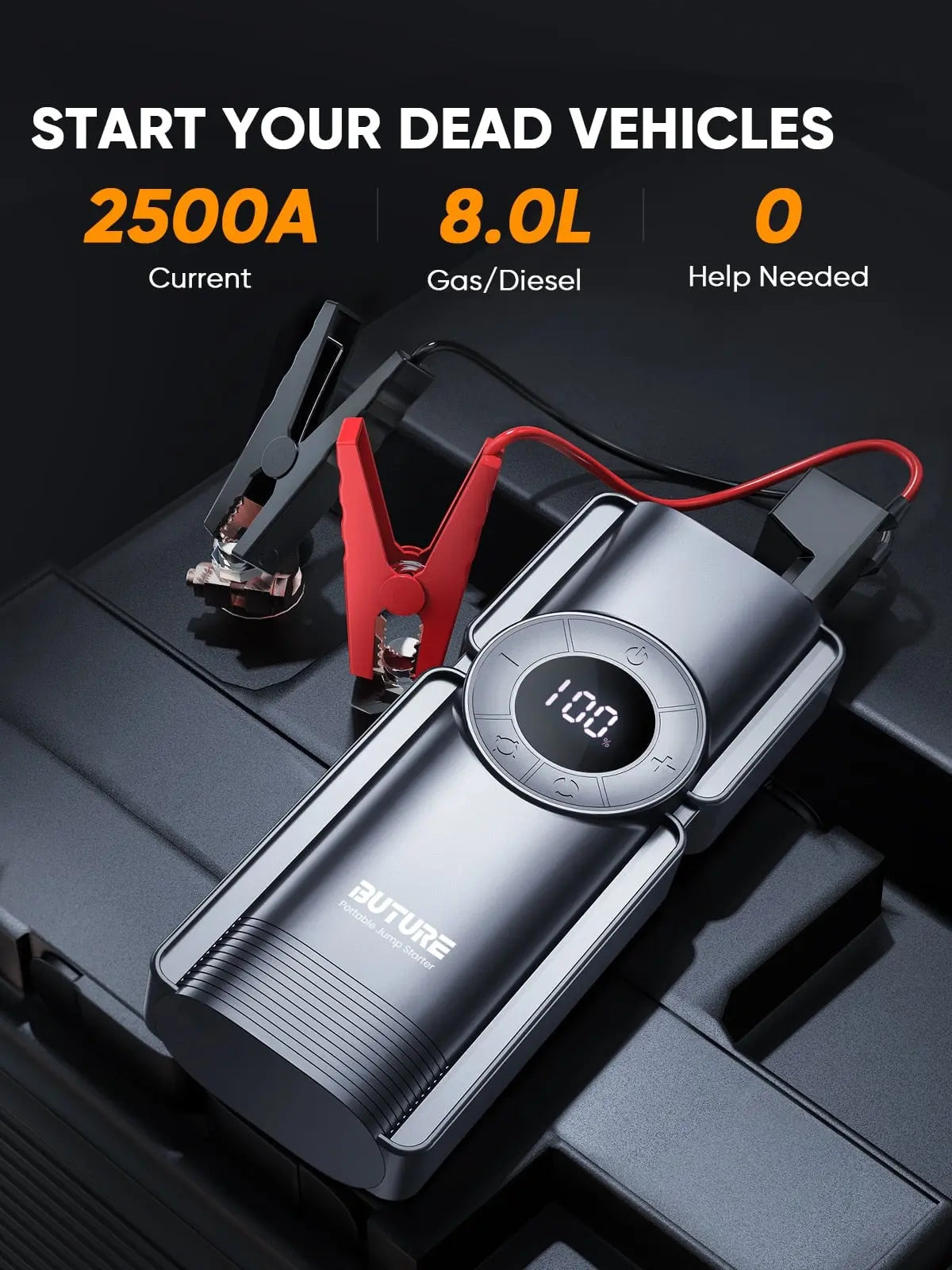 4in1 car jump starter power bank with air compressor, 2500A 20000mAh 150 PSI LED