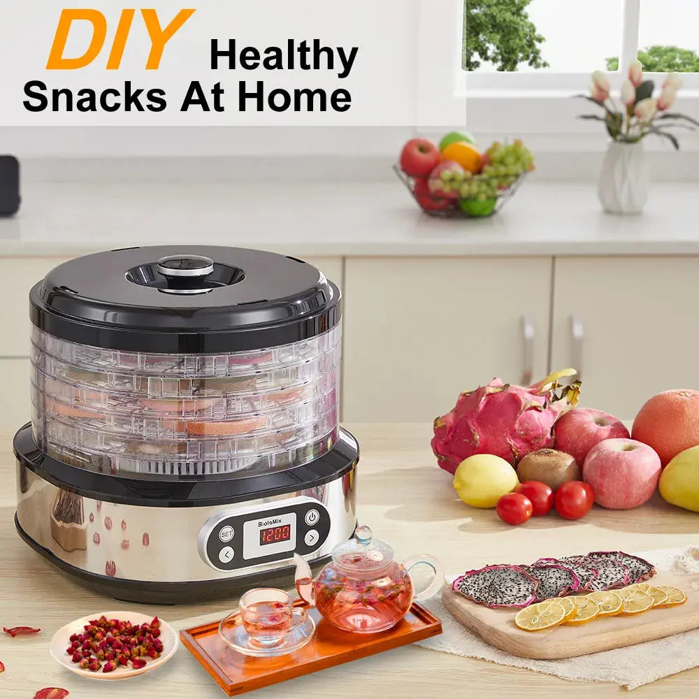 Dehydrator with 6 trays and adjustable temperature for drying fruit, meat