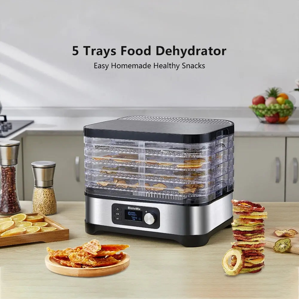 Dehydrator with 6 trays and adjustable temperature for drying fruit, meat