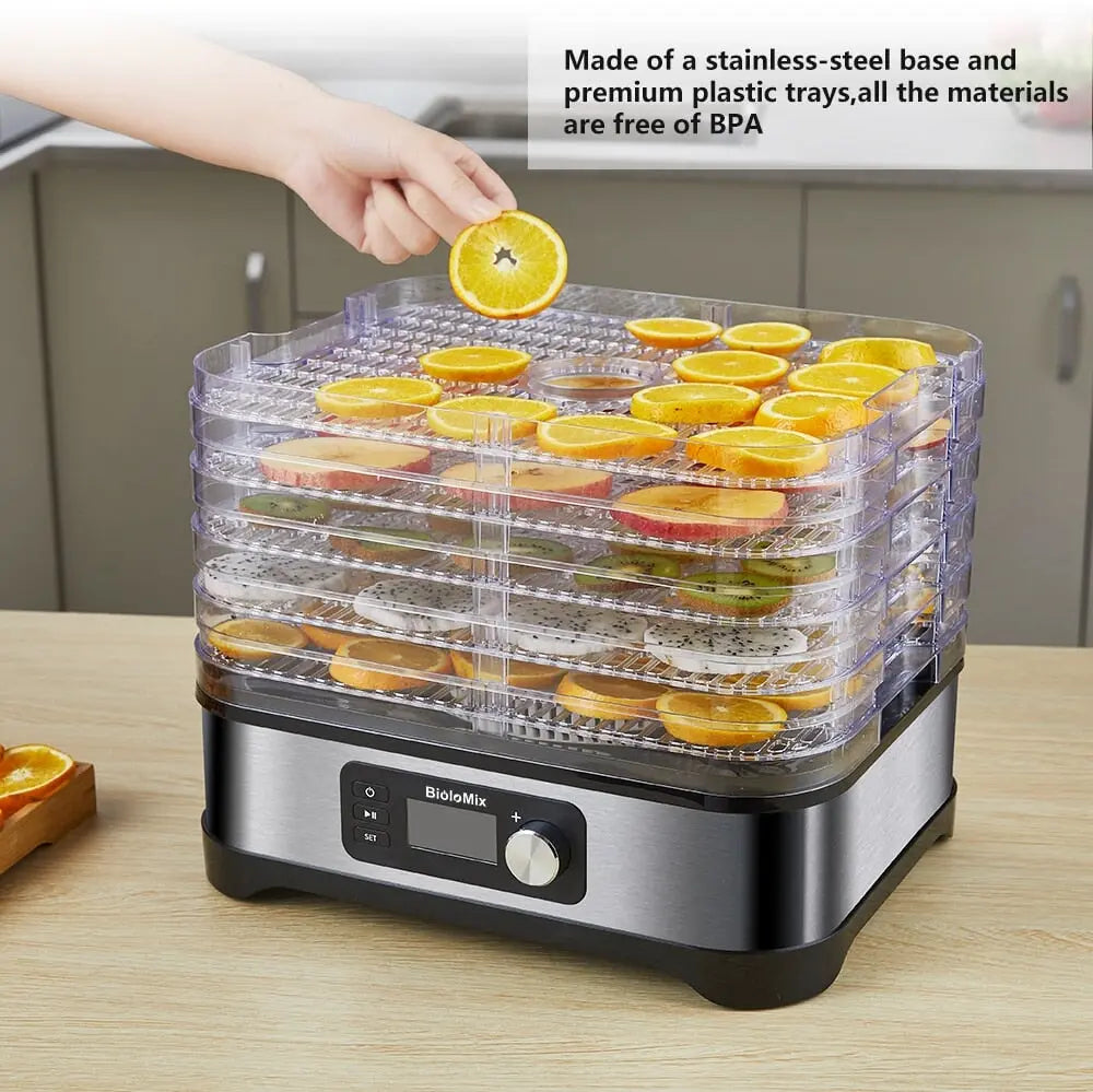 Dehydrator with 6 trays and adjustable temperature for drying fruit, meat