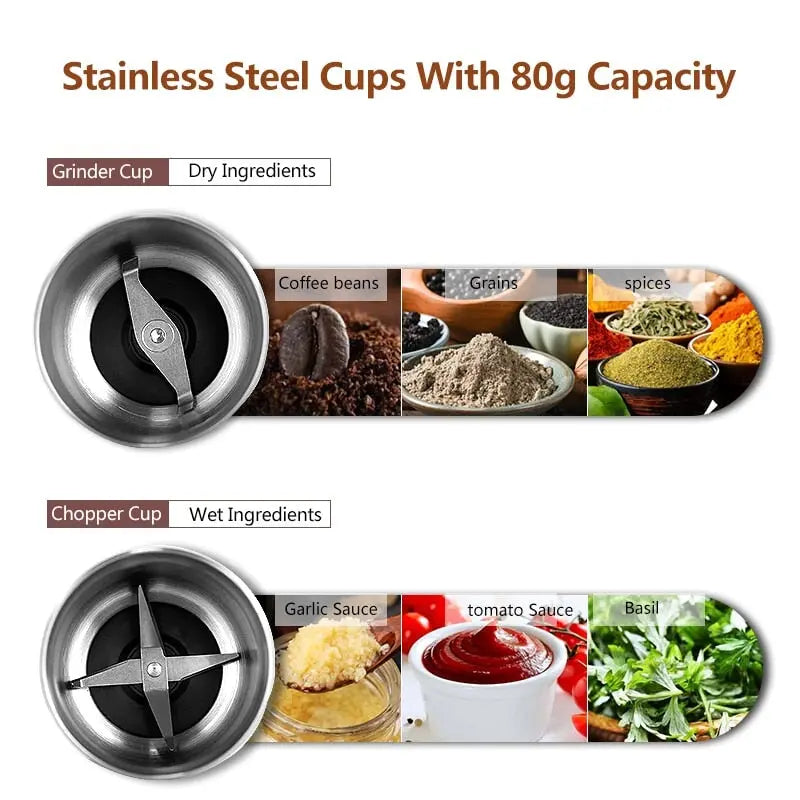 Electric spice and coffee bean grinder with stainless steel housing wet and dry double cup