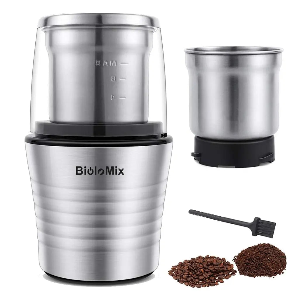 Electric spice and coffee bean grinder with stainless steel housing wet and dry double cup