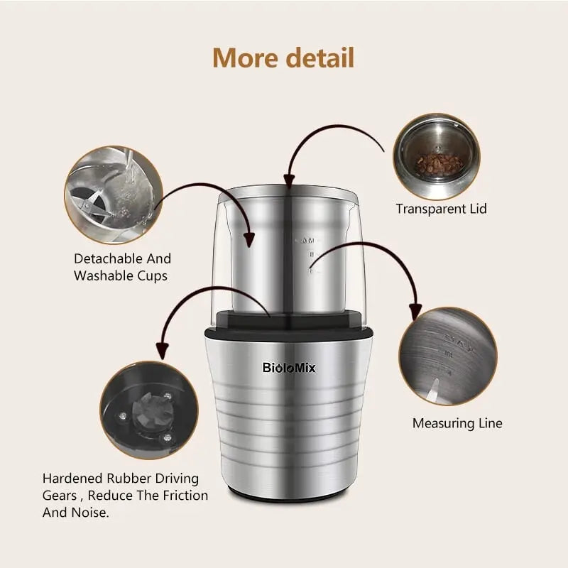 Electric spice and coffee bean grinder with stainless steel housing wet and dry double cup