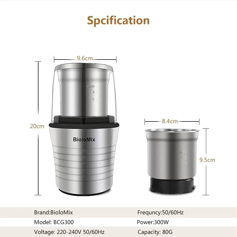 Electric spice and coffee bean grinder with stainless steel housing wet and dry double cup