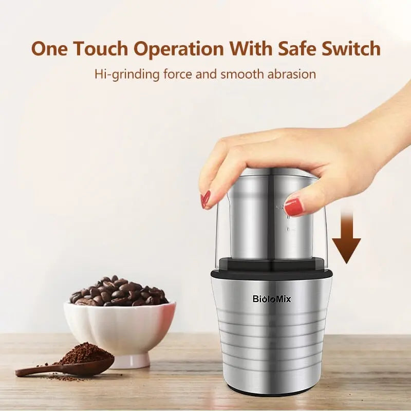 Electric spice and coffee bean grinder with stainless steel housing wet and dry double cup