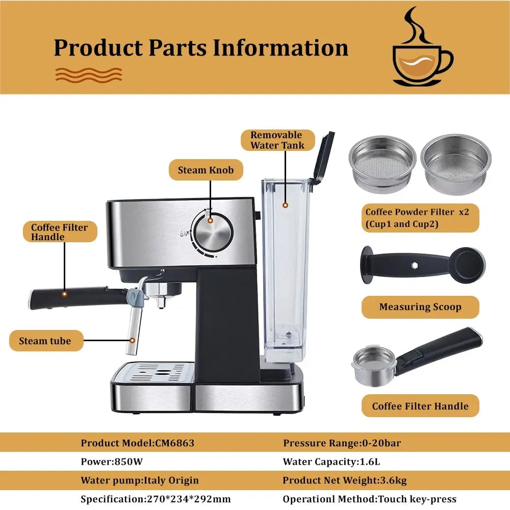 Italian espresso machine with milk frothing stick for espresso, cappuccino, latte