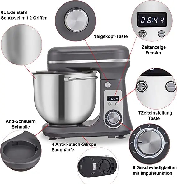 Food processor 1200W tiltable and 6L stainless steel bowl, dough hook, whisk etc