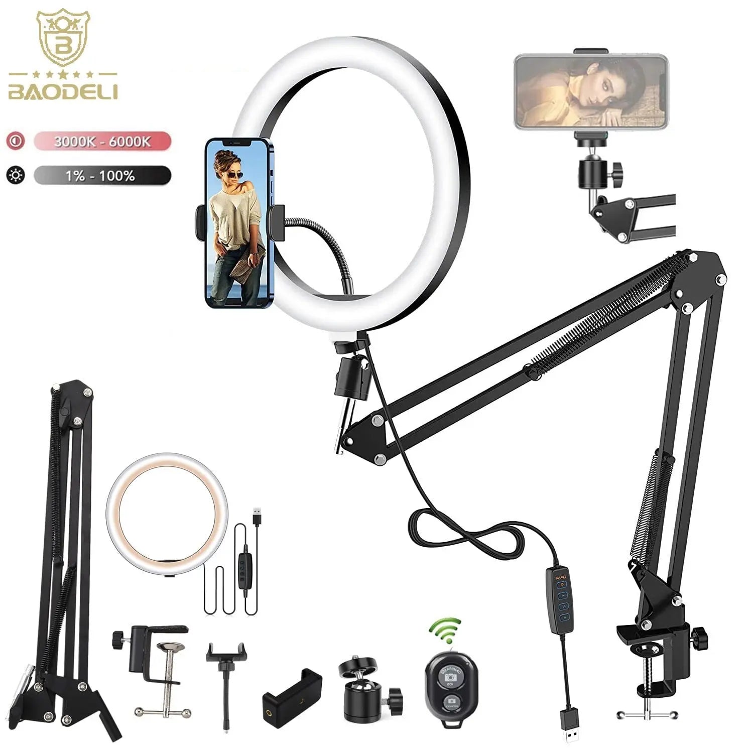 LED selfie ring lamp with folding arm tripod photography for e.g. YouTube streaming