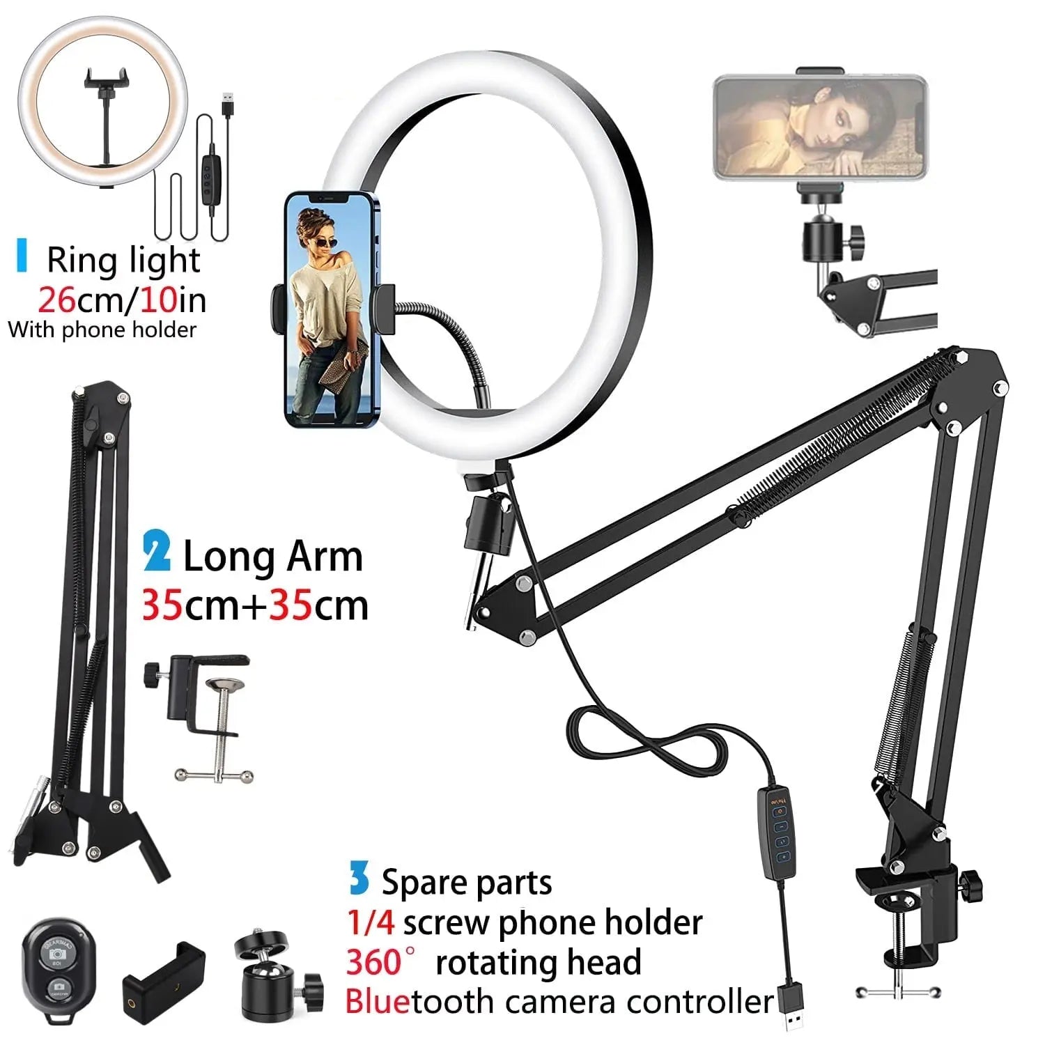 LED selfie ring lamp with folding arm tripod photography for e.g. YouTube streaming