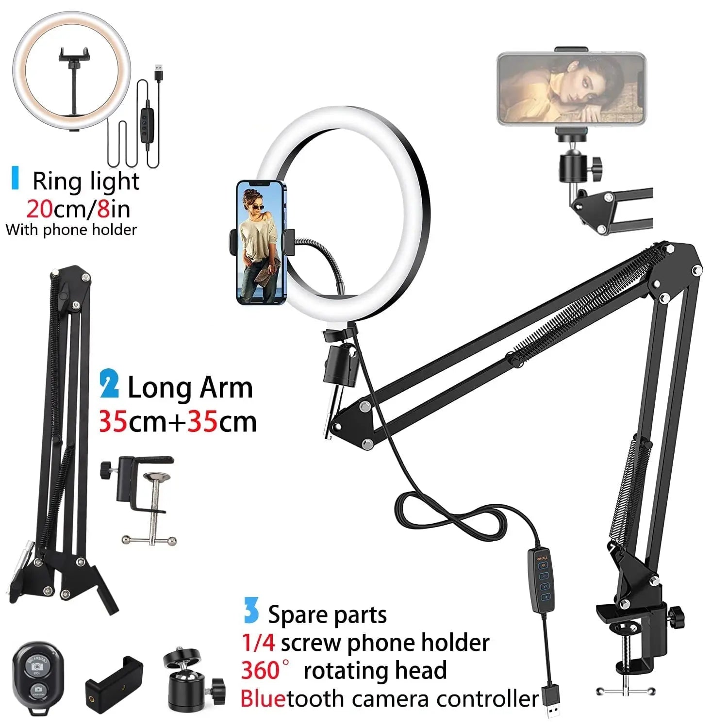 LED selfie ring lamp with folding arm tripod photography for e.g. YouTube streaming