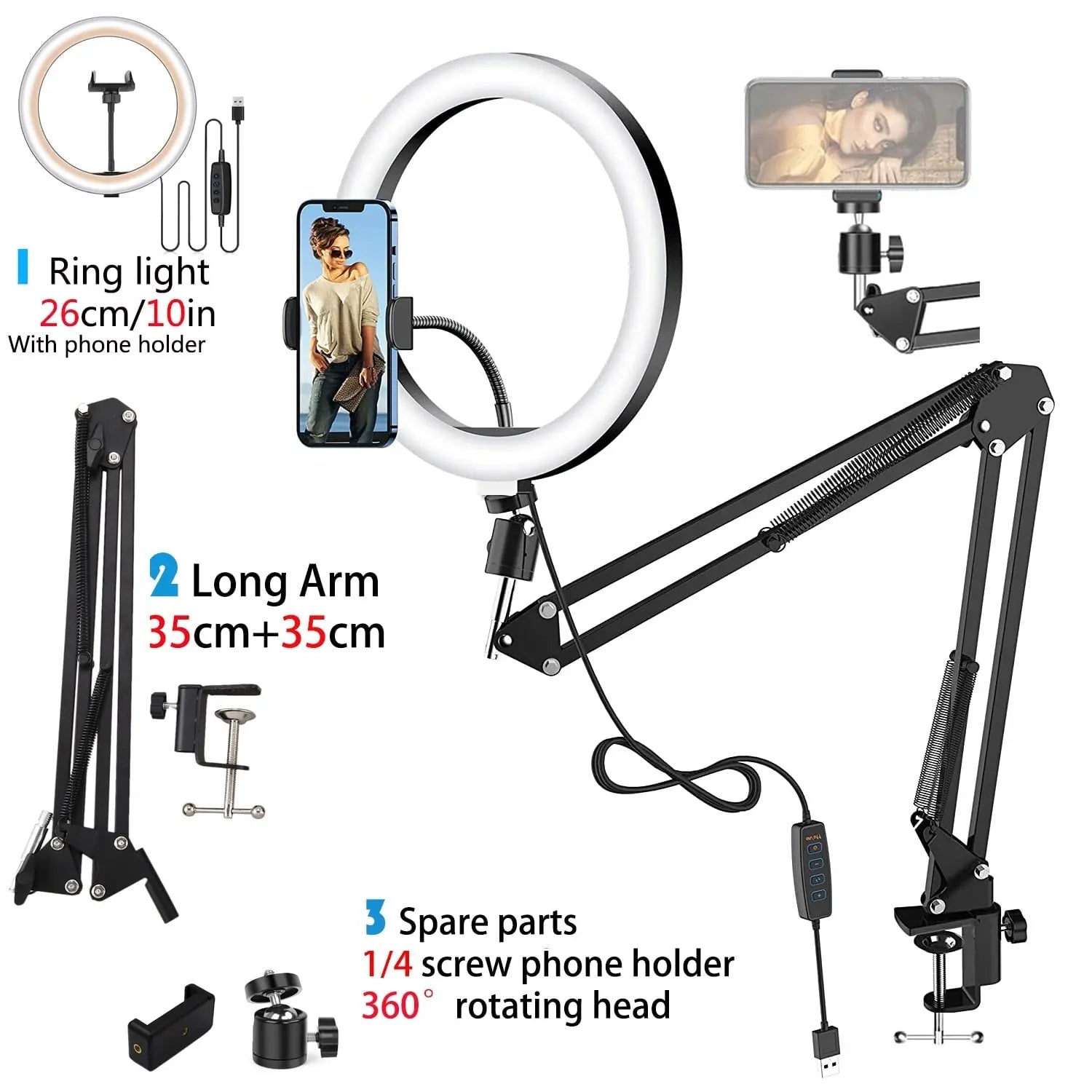 LED selfie ring lamp with folding arm tripod photography for e.g. YouTube streaming