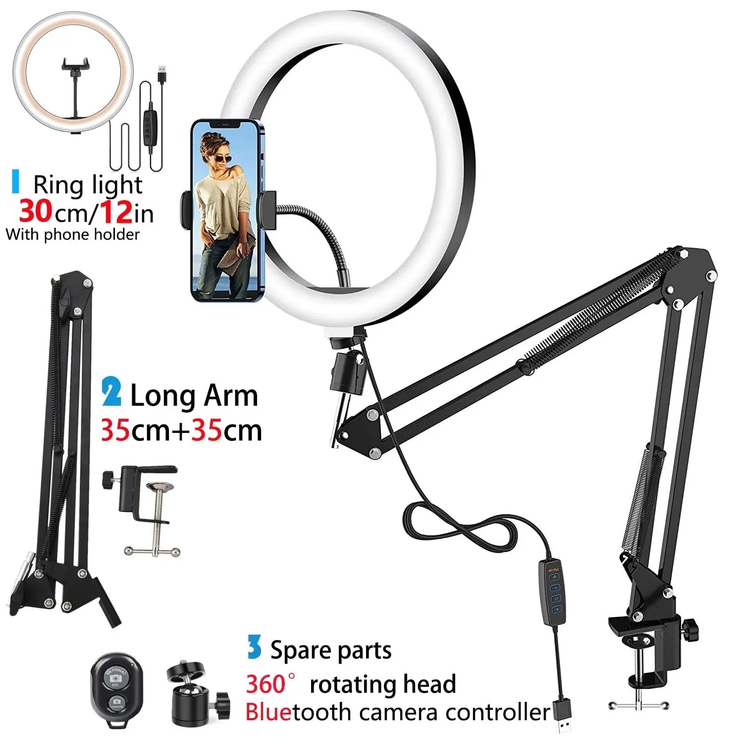 LED selfie ring lamp with folding arm tripod photography for e.g. YouTube streaming