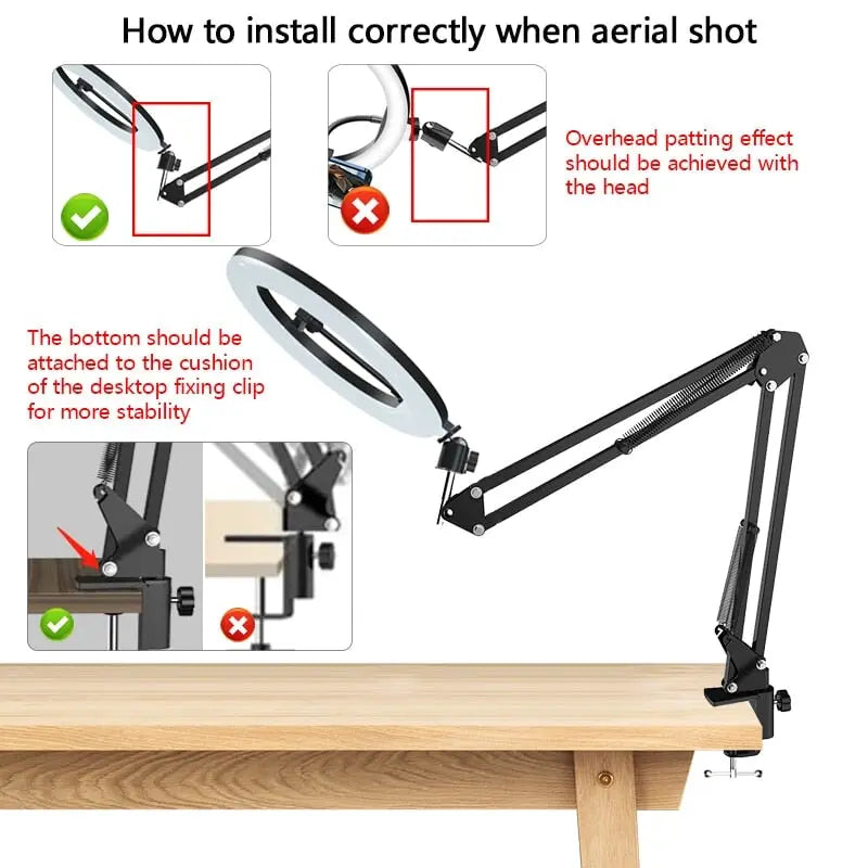 LED selfie ring lamp with folding arm tripod photography for e.g. YouTube streaming