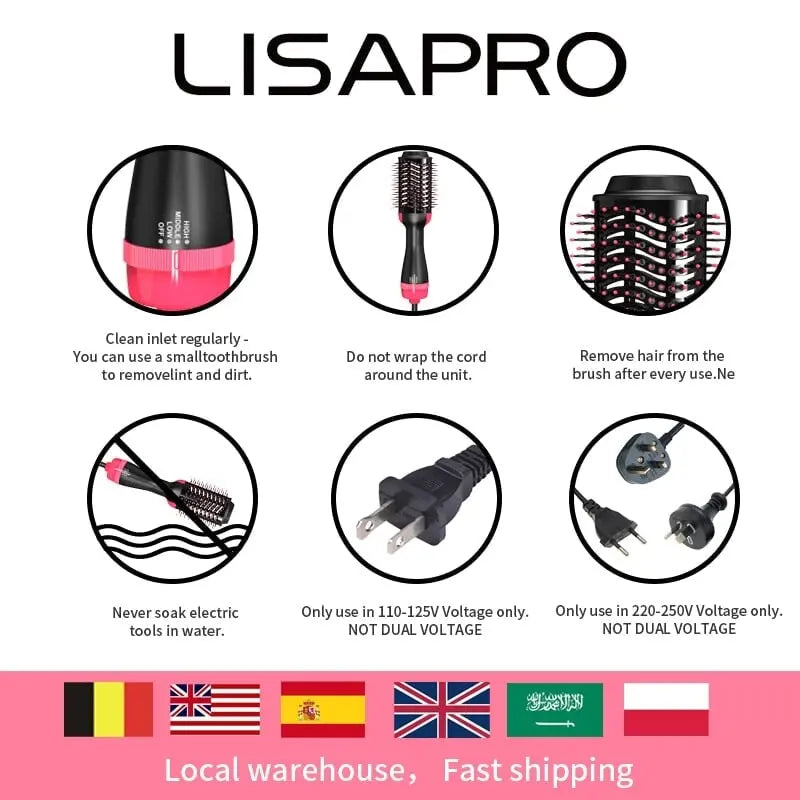 LISAPRO Hot Air Brush 4in1 Hair Dryer Straightener Curler Styler Comb Volumizer