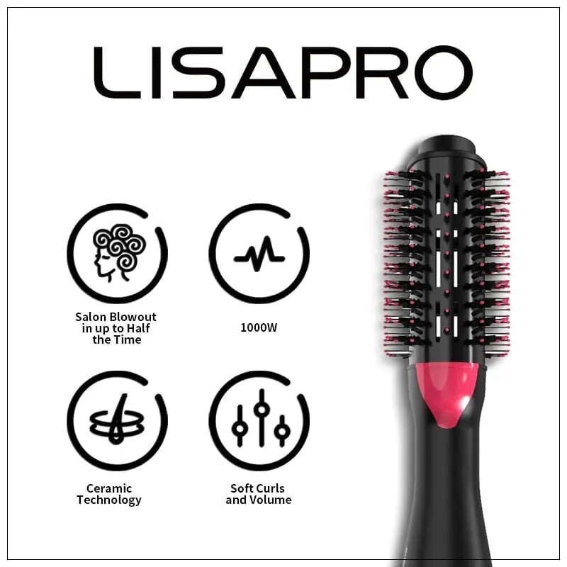 LISAPRO Hot Air Brush 4in1 Hair Dryer Straightener Curler Styler Comb Volumizer