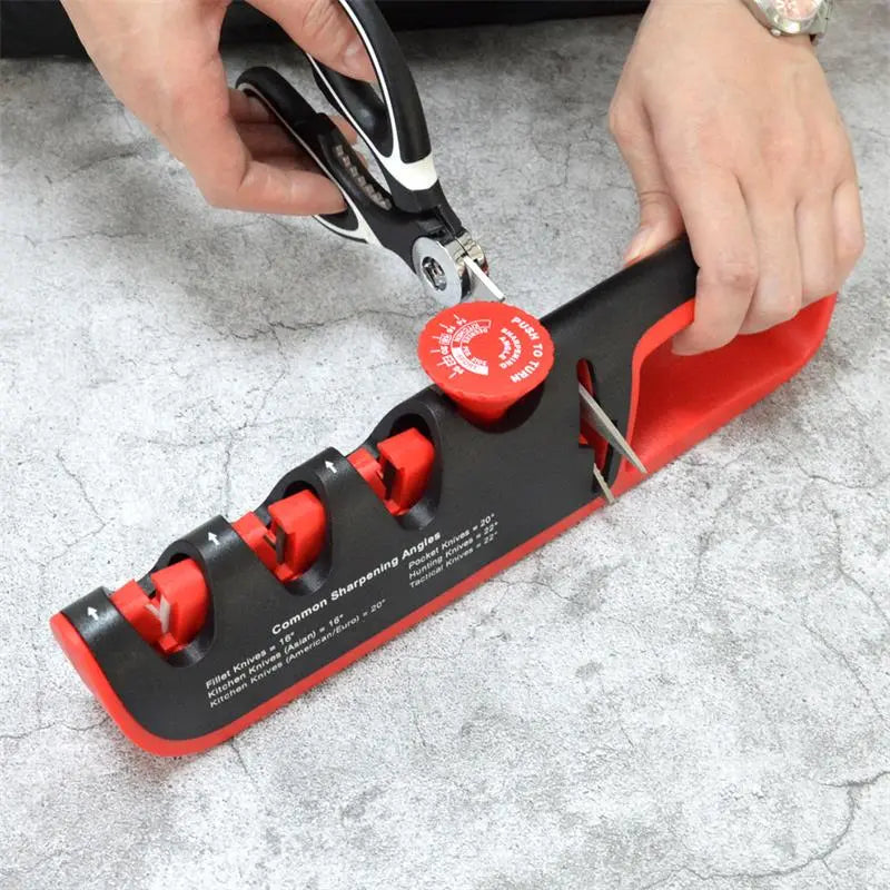 Knife and scissor sharpener with adjustable sharpening angle