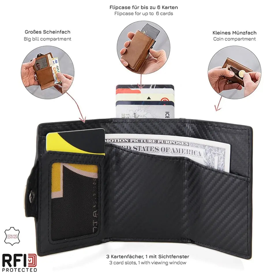 Mini wallet with RFID protection and coin compartment made of genuine leather