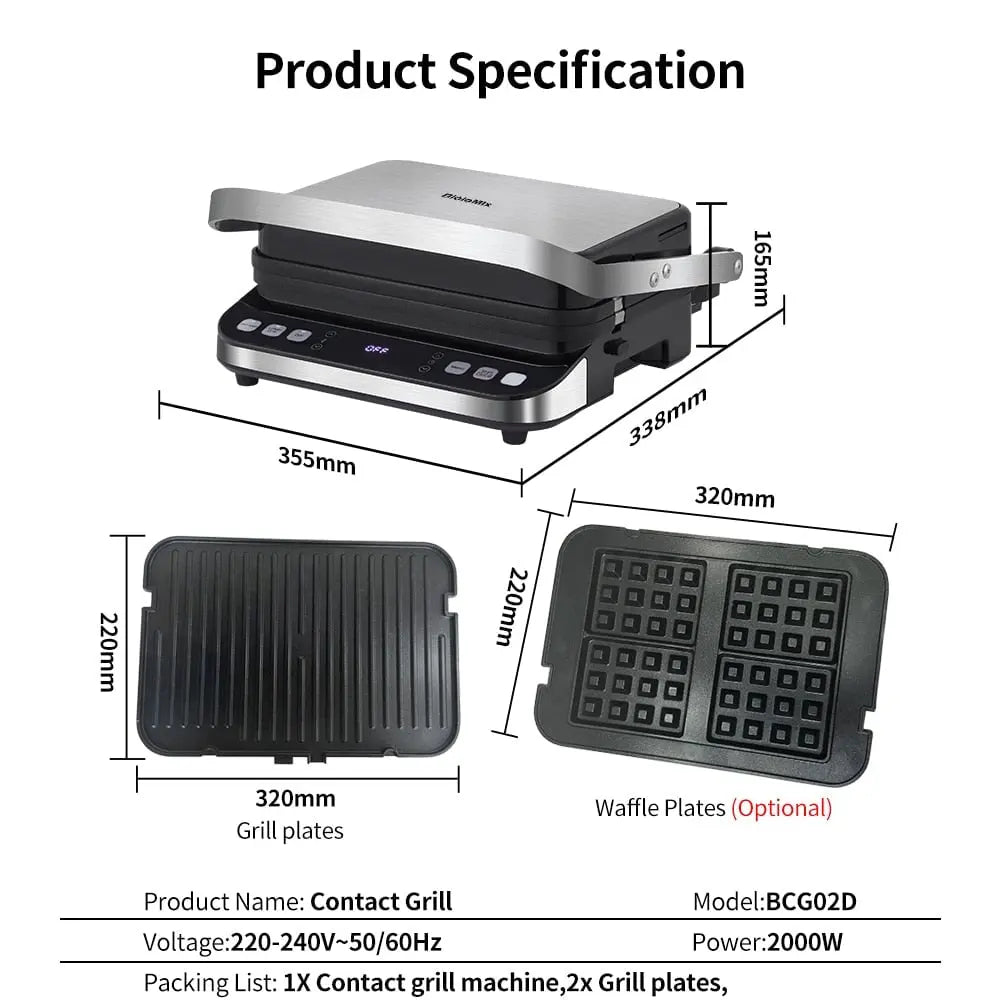 Contact grill/panini press/sandwich toaster 2000W, non-stick coated plates 180 degree grill