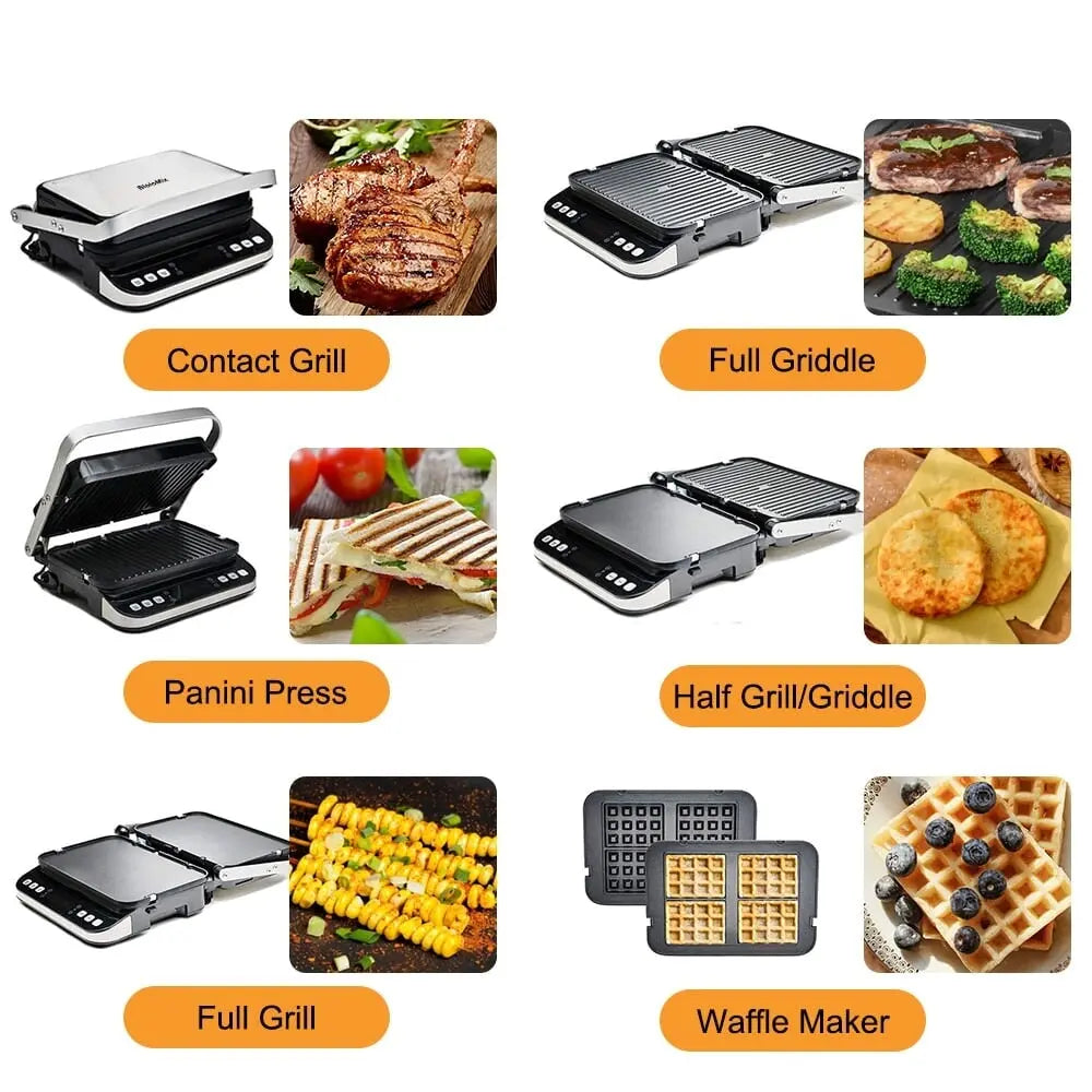 Contact grill/panini press/sandwich toaster 2000W, non-stick coated plates 180 degree grill