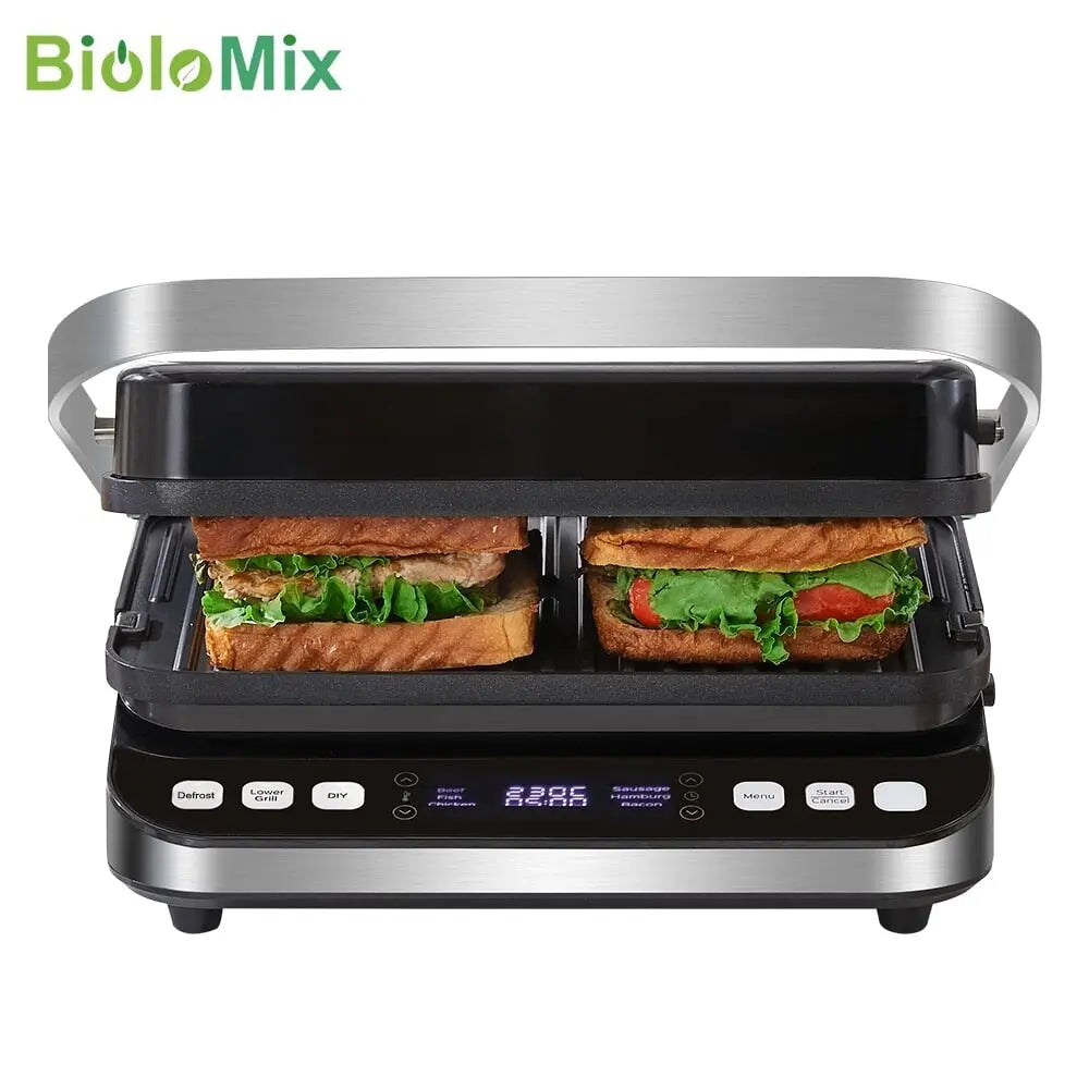 Contact grill/panini press/sandwich toaster 2000W, non-stick coated plates 180 degree grill