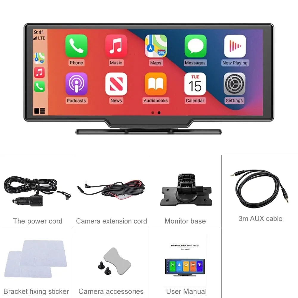 Portable 9.3-inch IPS touchscreen car radio with wireless carplay and Android rear view camera