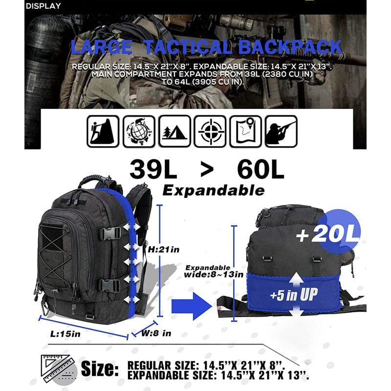60L Taktischer Rucksack für Männer Frauen Outdoor Wandern Rucksäcke Reiserucksack Laptop Rucksäcke Rucksäcke Raffiniertedinge 
