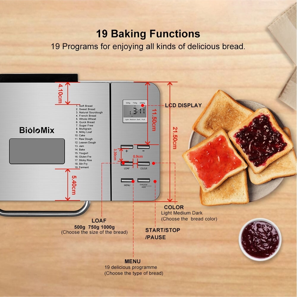 Biolomix Edelstahl 1KG 19-in-1 Automatische Brot Maker 650W Programmierbare Brot Maschine mit 3 loaf Größen Obst Mutter Dispenser Automatische Brot Maker Raffiniertedinge 