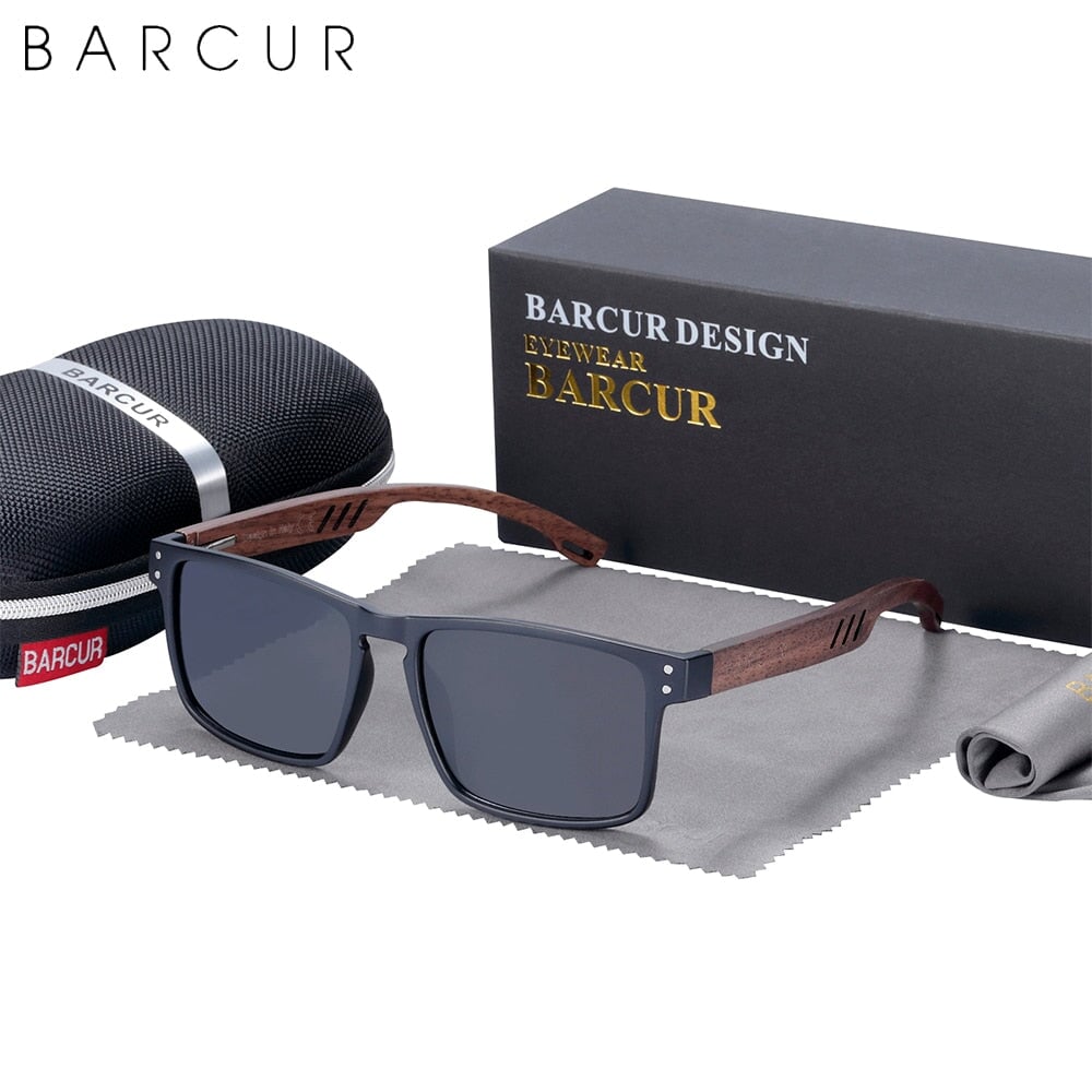 Designer Sonnenbrille Polarisierte Brillen UV400 Walnuss Holz Look Sonnenbrillen Raffiniertedinge Black Gray EVA Poland BARCUR