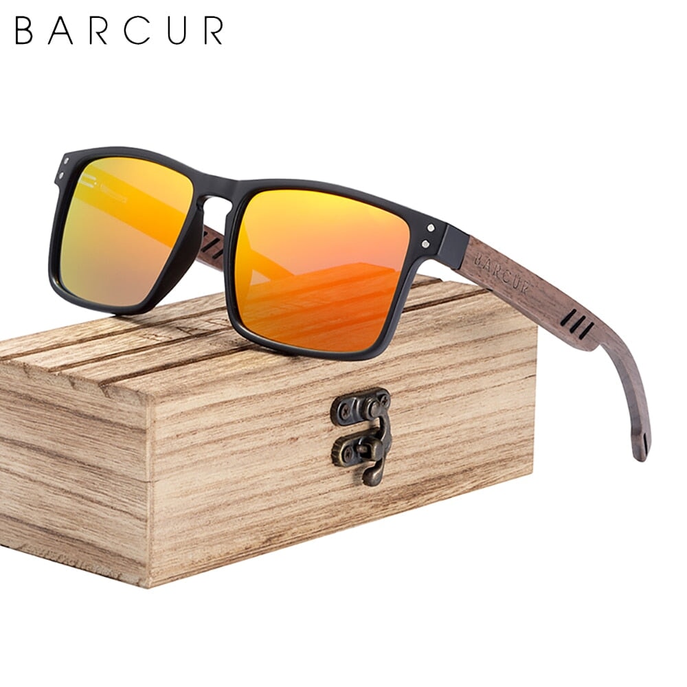 Designer Sonnenbrille Polarisierte Brillen UV400 Walnuss Holz Look Sonnenbrillen Raffiniertedinge Black Orange Wood Poland BARCUR